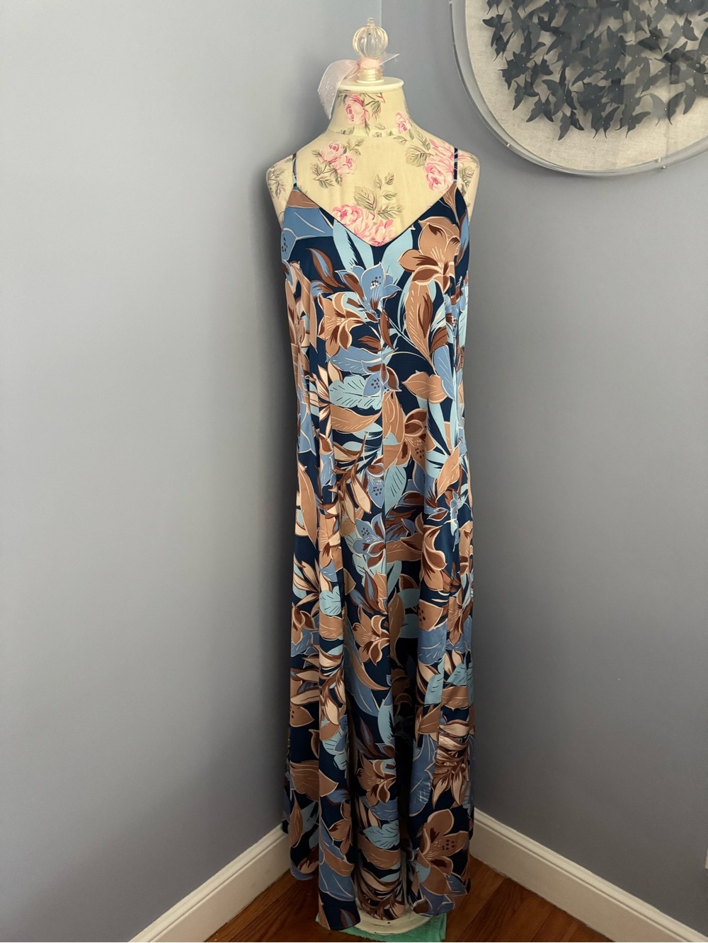 Floral V-Neck Slip Maxi Dress in Navy, Sky Blue & Tan